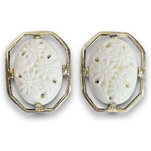 Selro Selini Artisan Crafted White Marble Oval Clip On Earrings